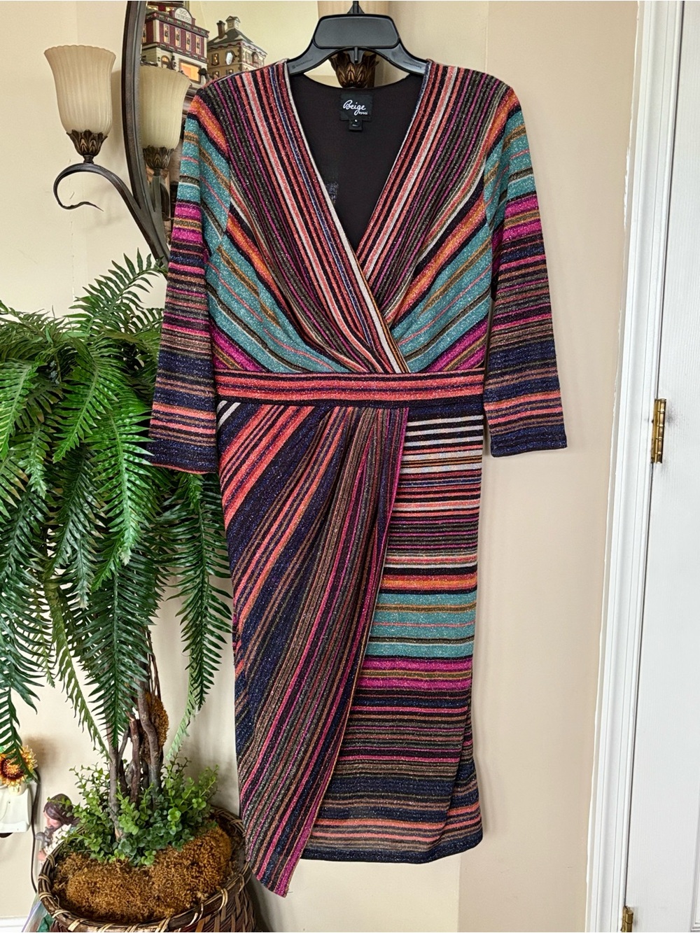 NWOT Beige by ECI Multicolor Striped Metallic Knit Faux Wrap Midi Dress V-Neck